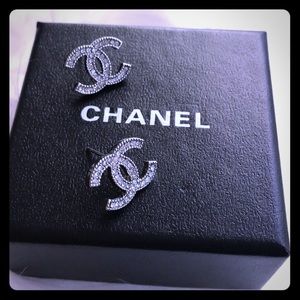 CHANEL Silver Crystal CC Earrings